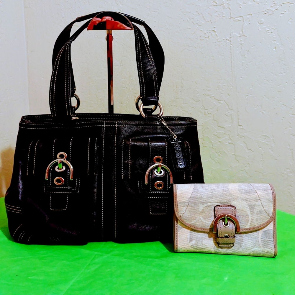 Coach Vtg SOHO Double Pocket Tote Satchel Shoulderbag w/Match Signature Wallet